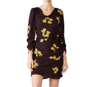 A.L.C Silk Dress Grace Rushed Maroon  Yellow Floral Long Sleeve 8